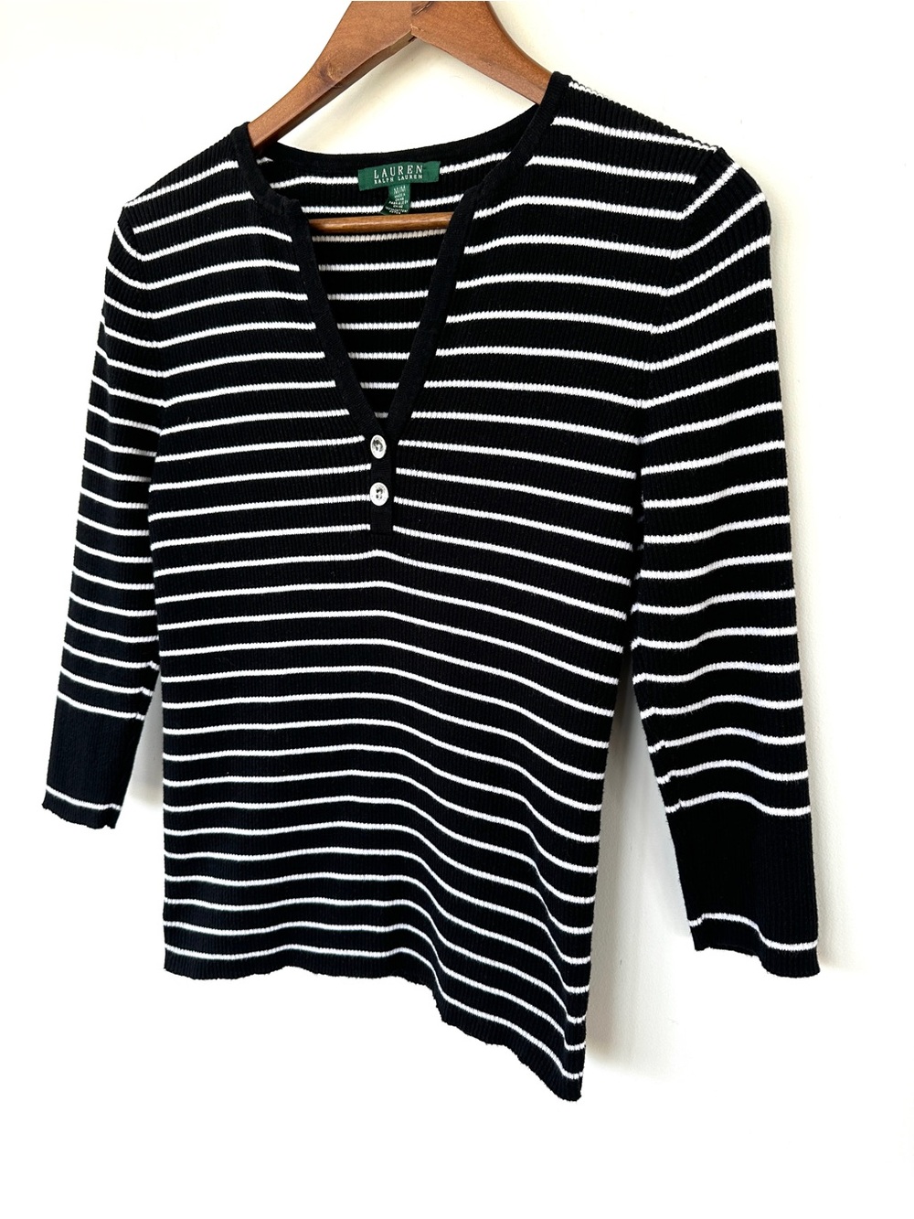 Lauren Ralph Lauren Black & White Striped V‑Neck Cotton Knit Top, 3/4 Sleeves - Picture 2 of 7
